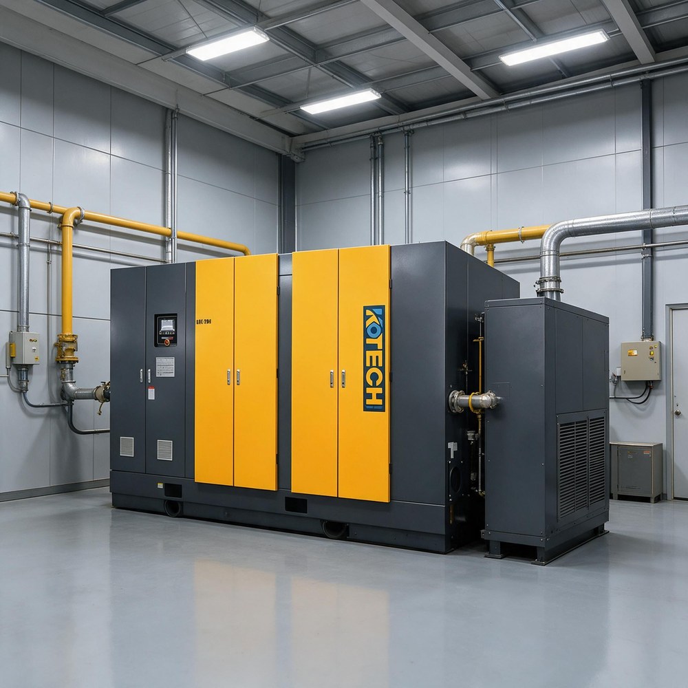 KOTECH stationary electric screw air compressor with heat recovery unit in an industrial plant room KOTECH stationary electric screw air compressor with heat recovery unit in an industrial plant room