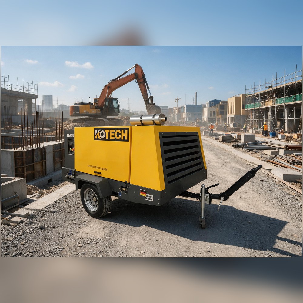 KOTECH KDP PACE low-noise portable diesel air compressor working at an urban construction site KOTECH KDP PACE low-noise portable diesel air compressor working at an urban construction site