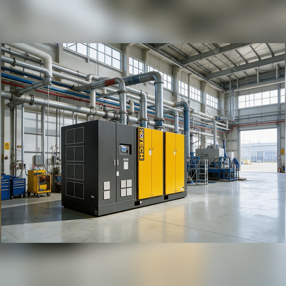 KOTECH KOE-II two-stage screw air compressor running in a continuous-duty manufacturing plant KOTECH KOE-II two-stage screw air compressor running in a continuous-duty manufacturing plant