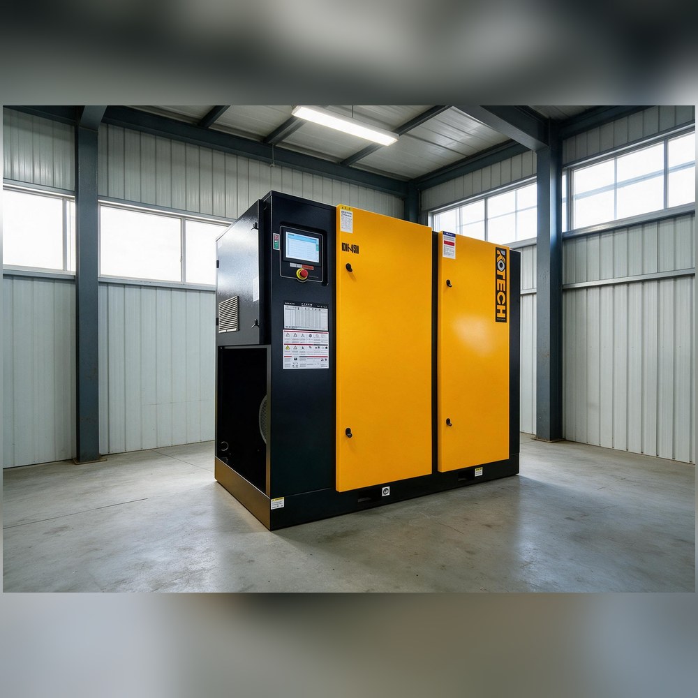 KOTECH KOE screw air compressor at the compressed-air utility corner of a small industrial plant
