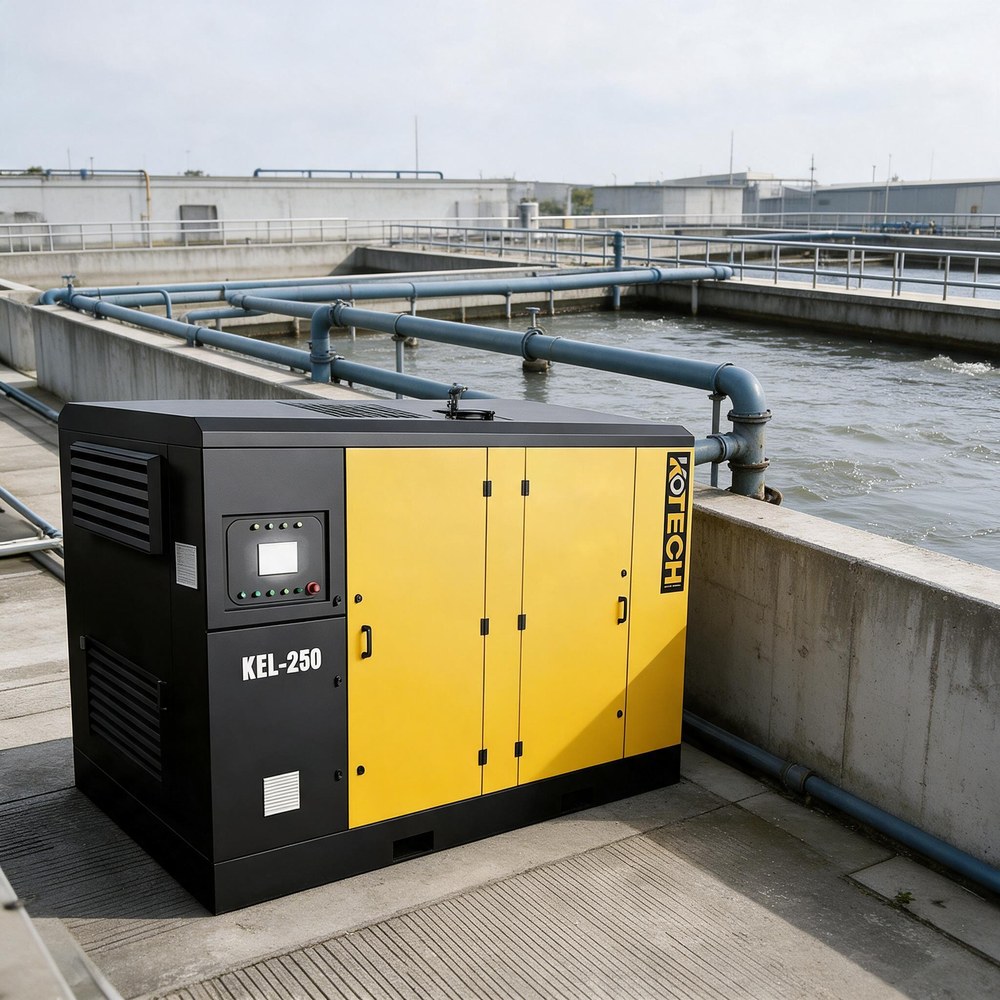 KOTECH low pressure screw compressor at a municipal wastewater treatment plant beside aeration tanks