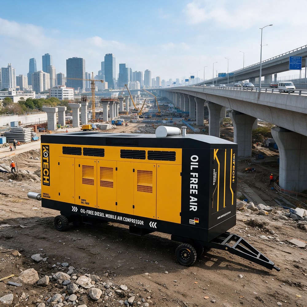KOTECH portable oil free air compressor at an urban construction site near an elevated road KOTECH portable oil free air compressor at an urban construction site near an elevated road
