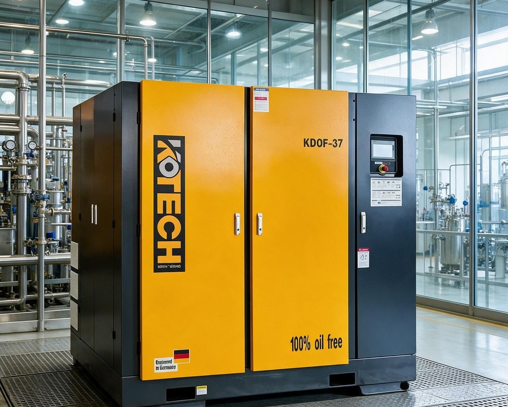 KOTECH KDOF dry oil-free screw compressor in a chemical plant instrument-air utility room with stainless process piping
