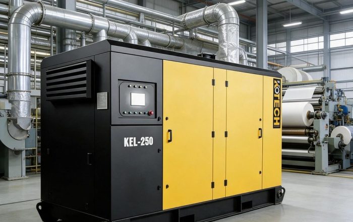 KOTECH KEL low-pressure screw compressor in the utility room of a paper mill serving paper machine process air headers