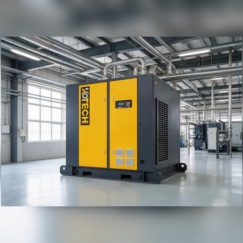 KOTECH KOE PM VSD screw compressor in the utility room of an air-jet weaving mill