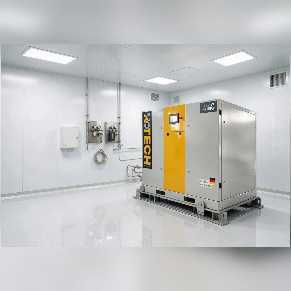 KOTECH KUW silent oil-free scroll compressor in an electronics cleanroom utility area KOTECH KUW silent oil-free scroll compressor in an electronics cleanroom utility area