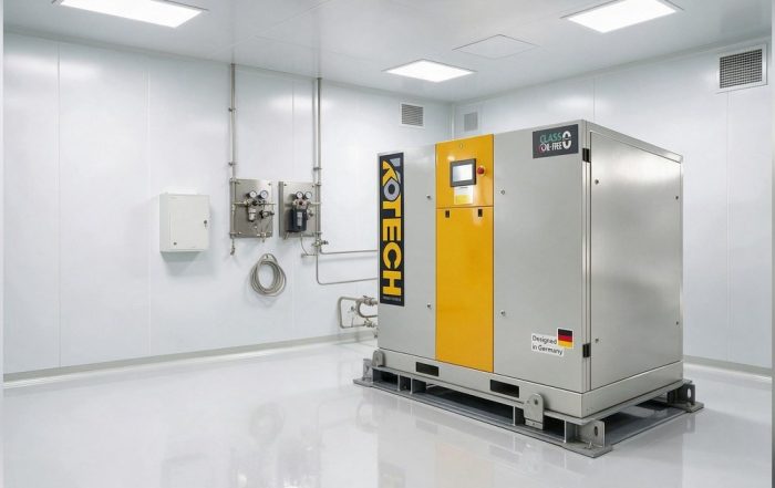 KOTECH KUW silent oil-free scroll compressor in an electronics cleanroom utility area