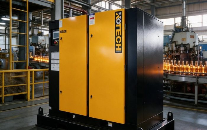 KOTECH KOE-II two-stage VSD screw compressor in the utility area of a glass container plant serving IS bottle-forming machines
